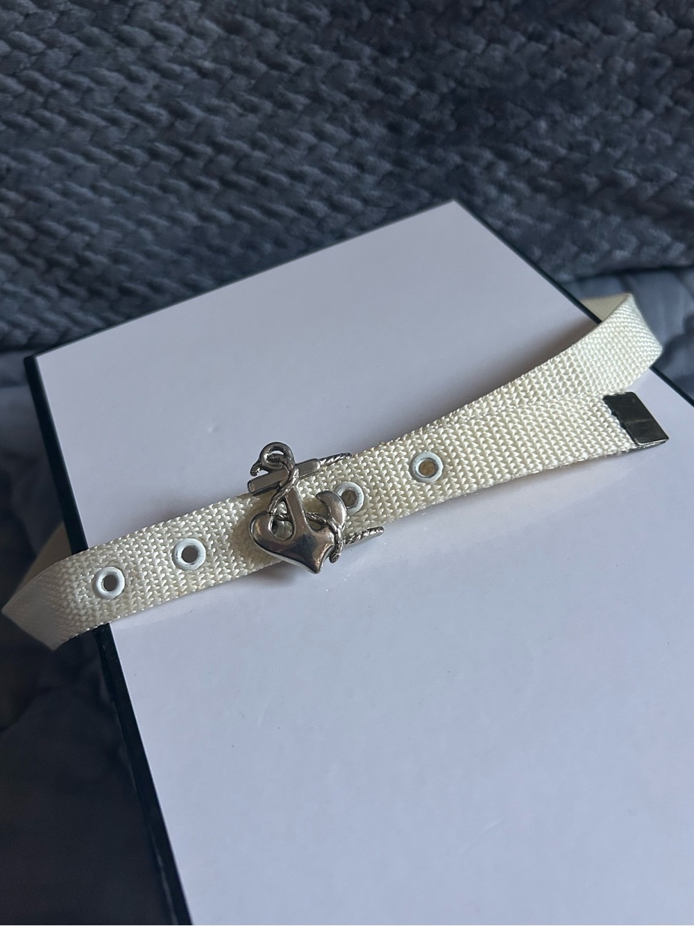 Silver Anchor Charm Yellow Cream Fabric Belt